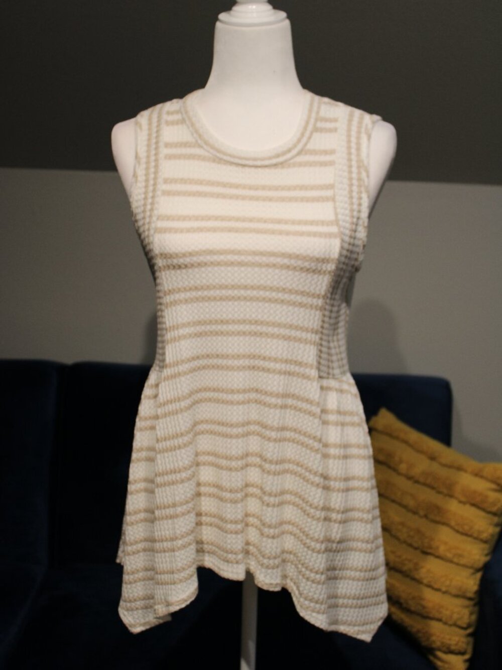 Lazy Sundays Sleeveless Waffle Top Striped Tan and Cream